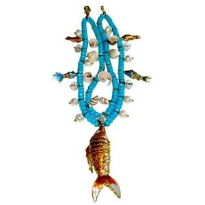 Navajo Turquoise Necklace Cloisonné Articulated Fish Gold-Tone Coastal Beach